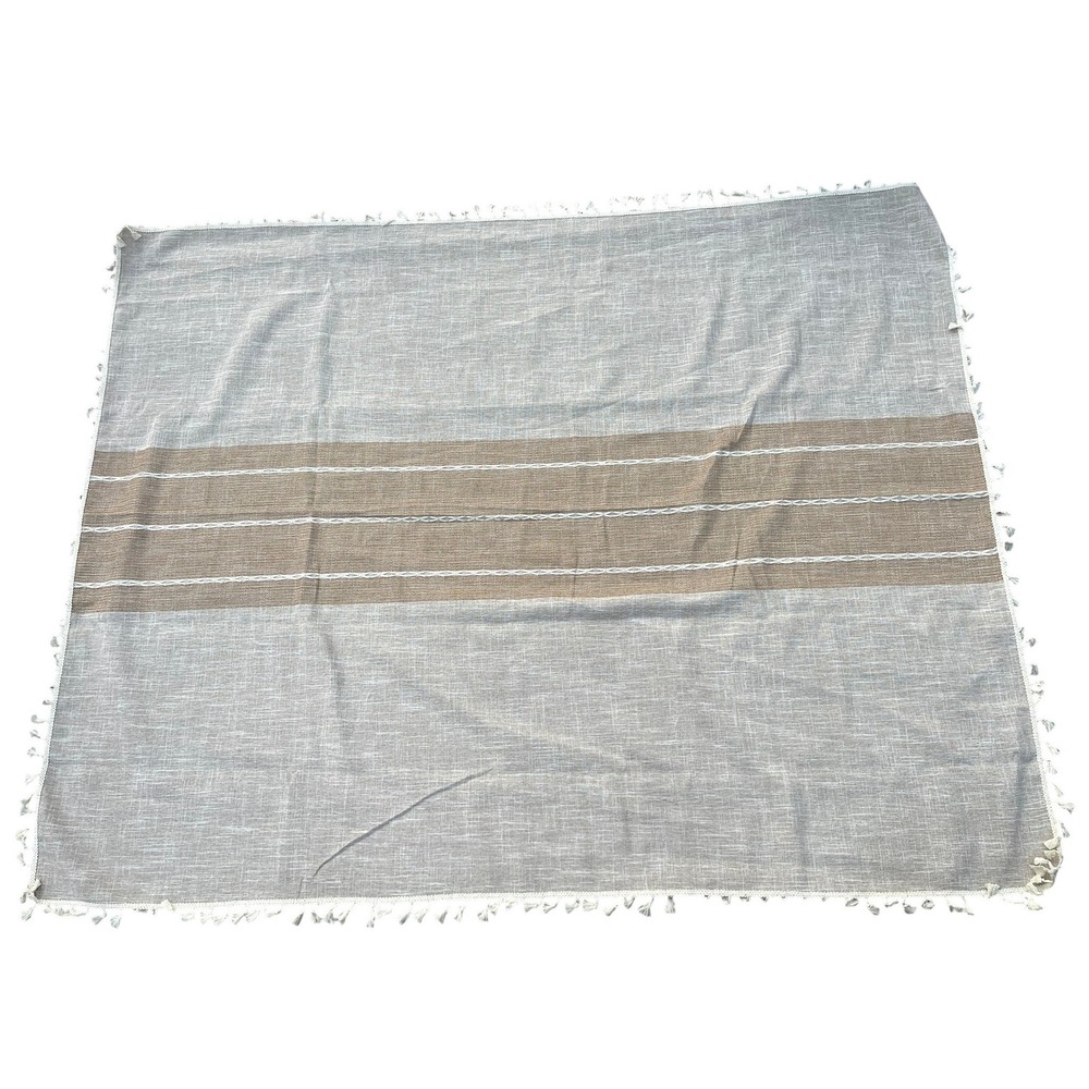 Set of 6 Farmhouse Linen Blend Striped Tablcloth Beige Cream Tassel Fringe 67x53